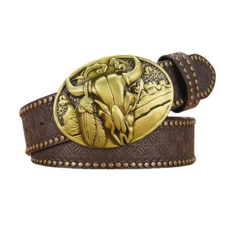 Men's Bull Head Buckle Rivet Decor Leather Belt sold by FloralTrip