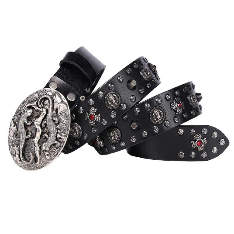 Men's Studded Ruby Lion Ornament Leather Belt sold by FloralTrip