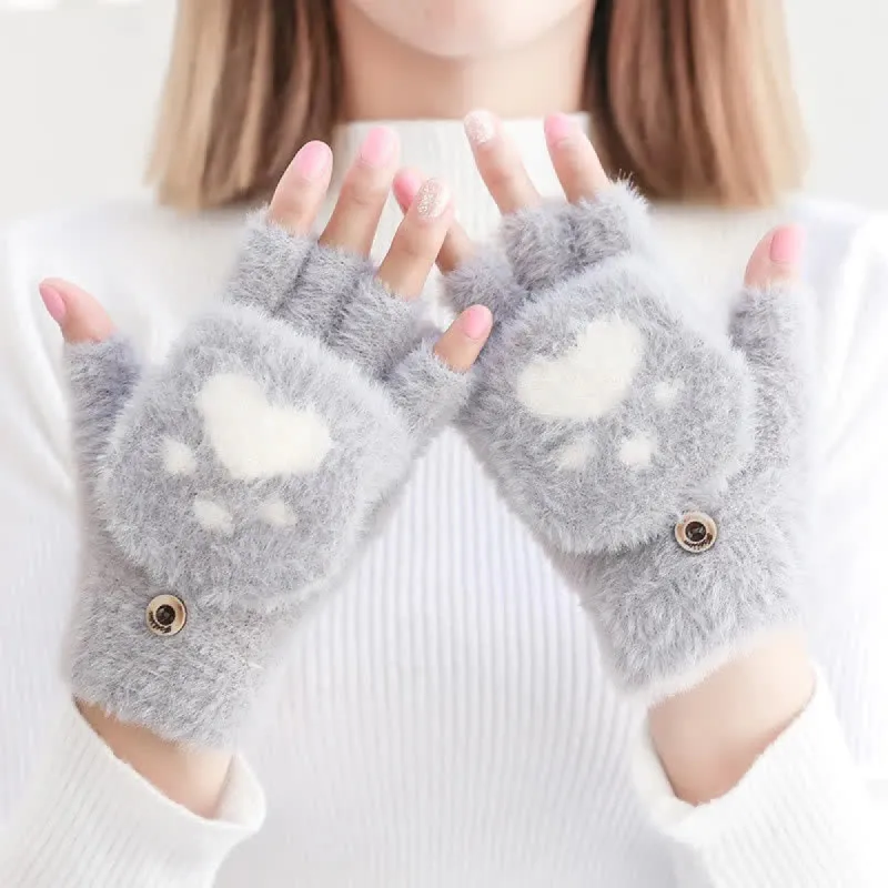 Women's Warm Cat Paw Print Mittens Fluffy Gloves sold by FloralTrip