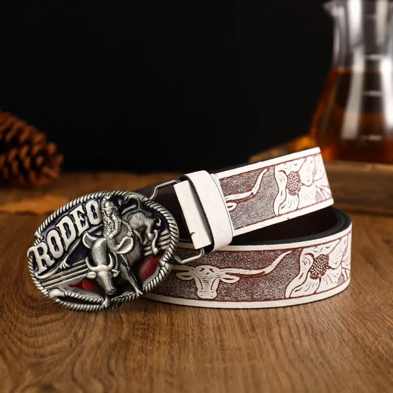 Men's Rodeo Bullfighting White Embossed Leather Belt sold by FloralTrip