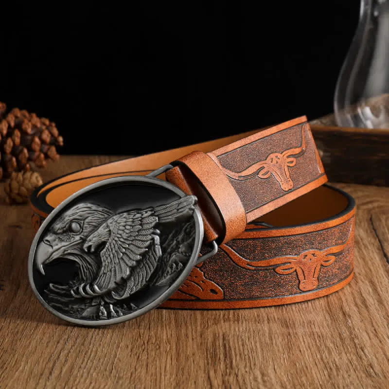 Men's Carved Bald Hawk Eagle Buckle Leather Belt made by FloralTrip