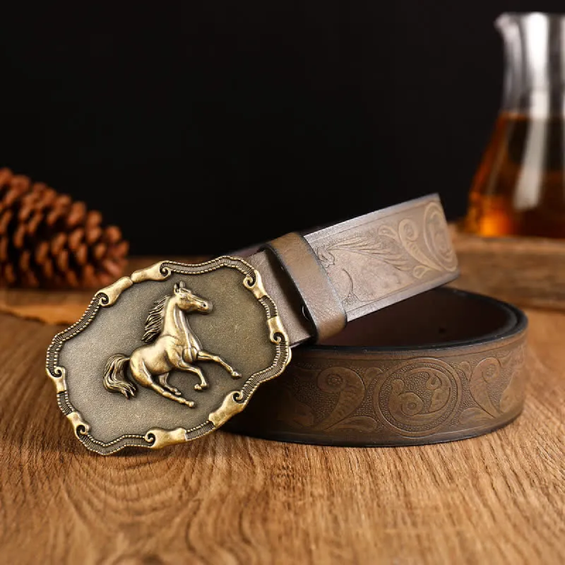 Men's Black Silver Running Horse Leather Belt sold by FloralTrip