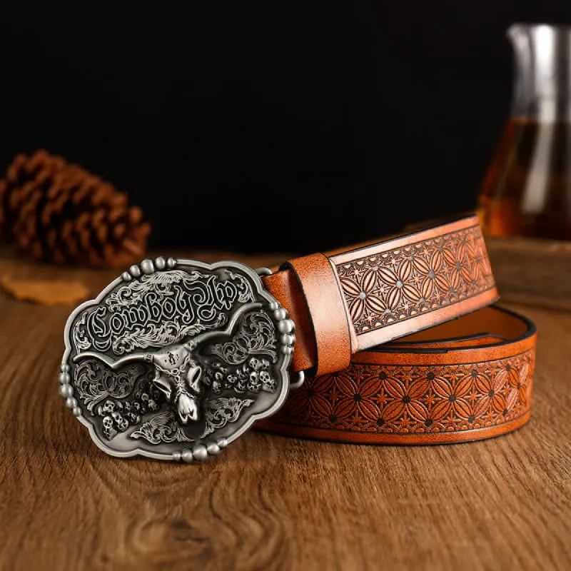 Men's Cowboy Gothic Skull Bull Leather Belt sold by FloralTrip