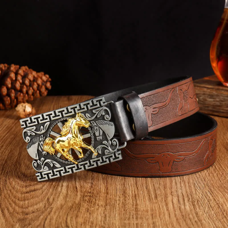Men's Running Horse Geometric Buckle Leather Belt sold by FloralTrip