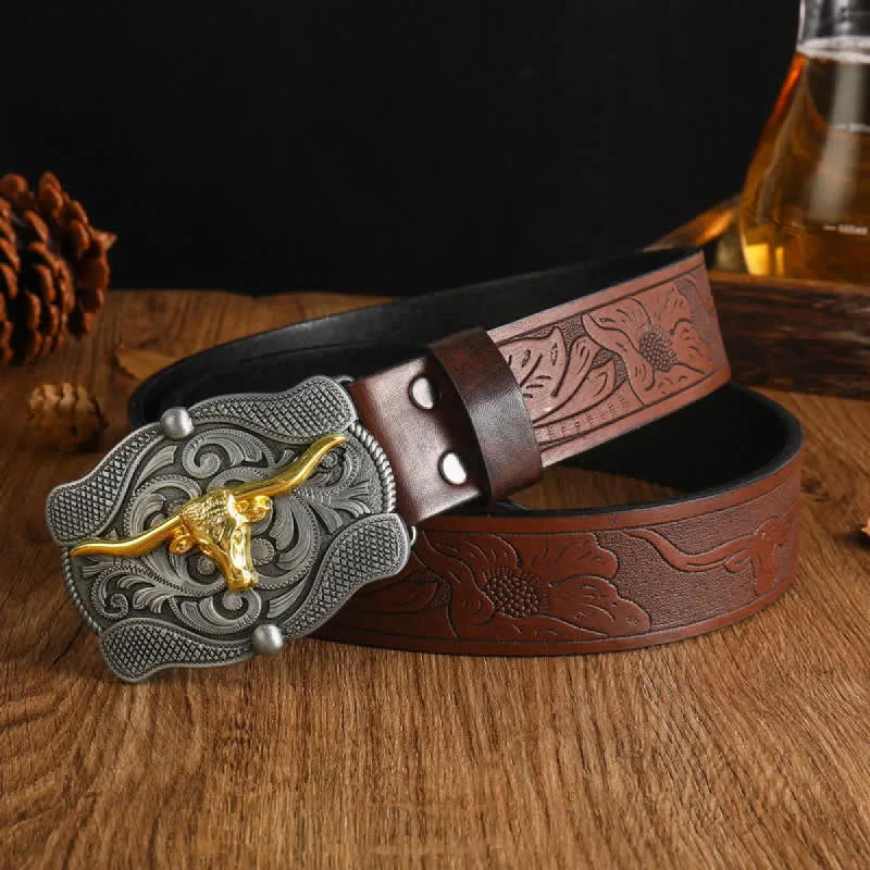 Men's Square Golden Longhorn Bull Leather Belt sold by FloralTrip