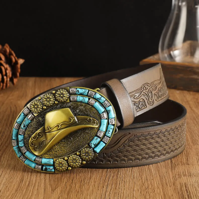 Men's Cowboy Gold Hat Turquoise Decor Leather Belt sold by FloralTrip