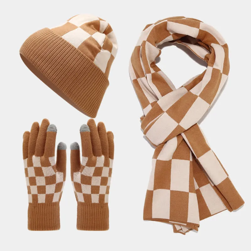 3Pcs Unisex Checkerboard Plaid Hat Scarf Gloves Set sold by FloralTrip