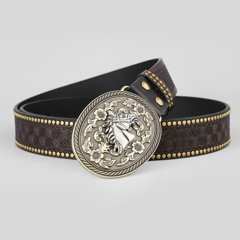 Men's Horse Head Relief Flower Detail Leather Belt sold by FloralTrip
