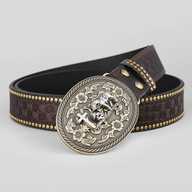 Men's Cross Horse Decor Oval Buckle Leather Belt sold by FloralTrip