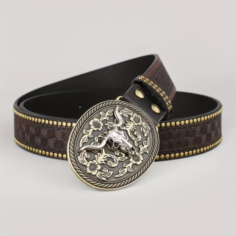 Men's Dark Brown Bull Head Embossed Leather Belt sold by FloralTrip