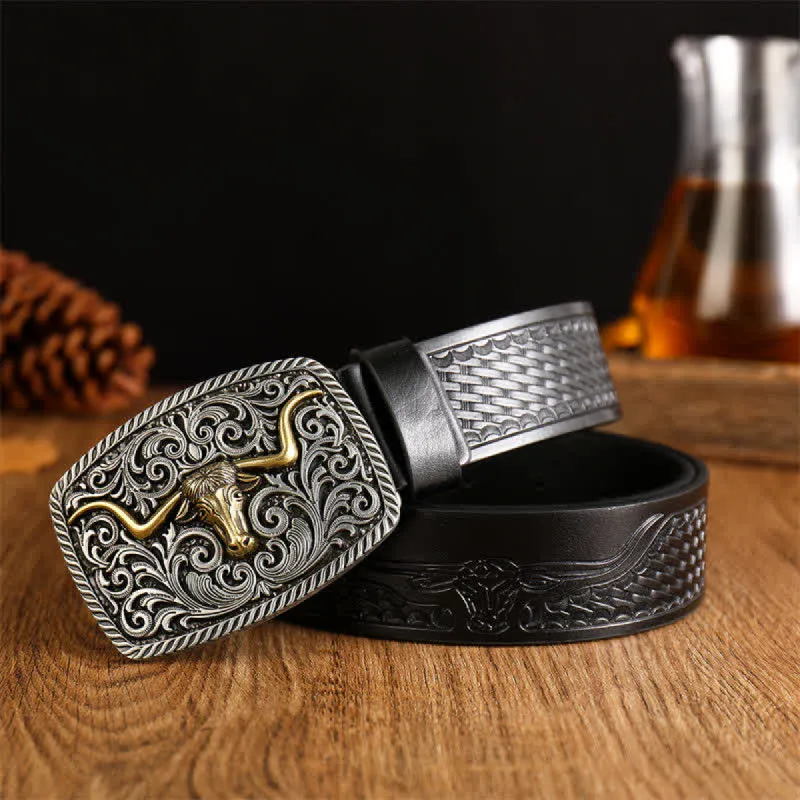 Men's Flower Square Bull Buckle Leather Belt sold by FloralTrip