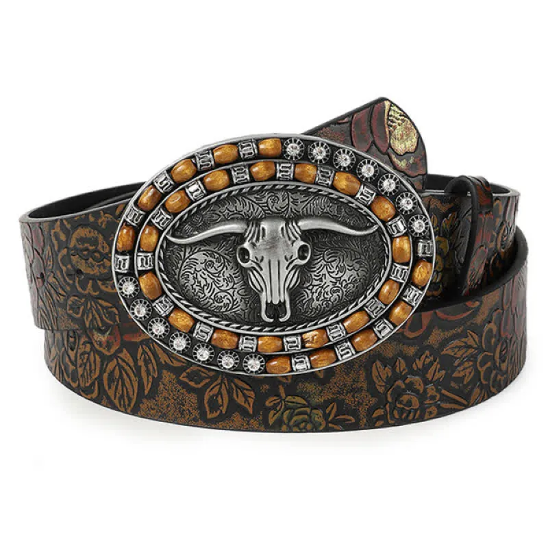 Men's Wooden Beads Carving Bull Head Leather Belt sold by FloralTrip