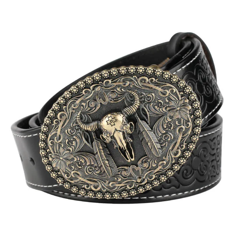 Men's Engarved Feather Bull Jeans Leather Belt sold by FloralTrip