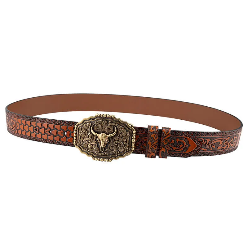 Men's Classic Floral Bull Skull Leather Belt sold by FloralTrip product image thumbnail 3