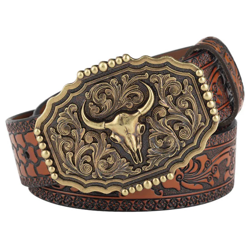 Men's Classic Floral Bull Skull Leather Belt sold by FloralTrip
