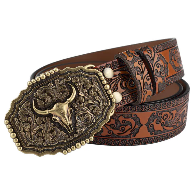 Men's Classic Floral Bull Skull Leather Belt sold by FloralTrip product image thumbnail 2