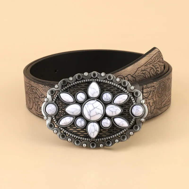 Women's Ethnic White Gem Embossed Leather Belt sold by FloralTrip
