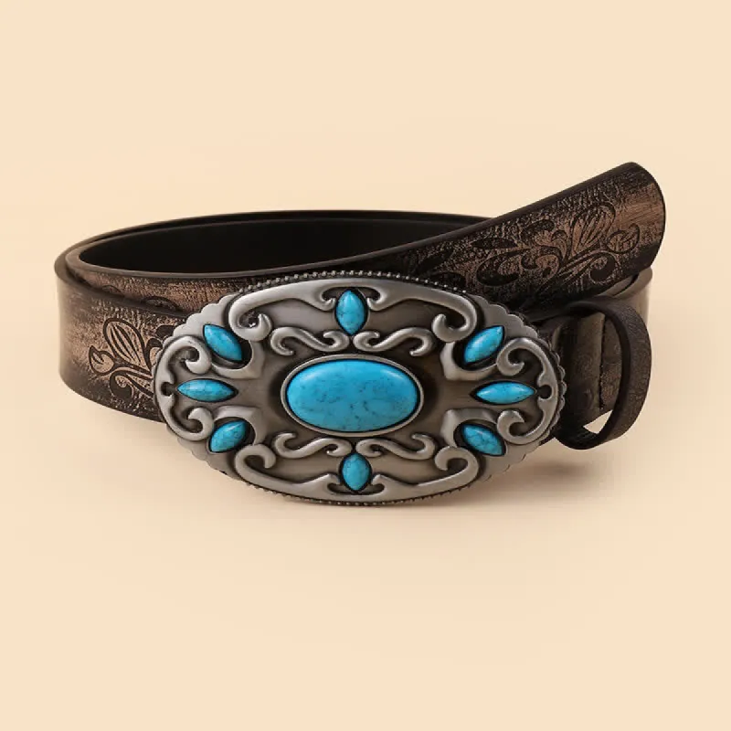 Women's Turquoise Decor Oval Buckle Leather Belt sold by FloralTrip
