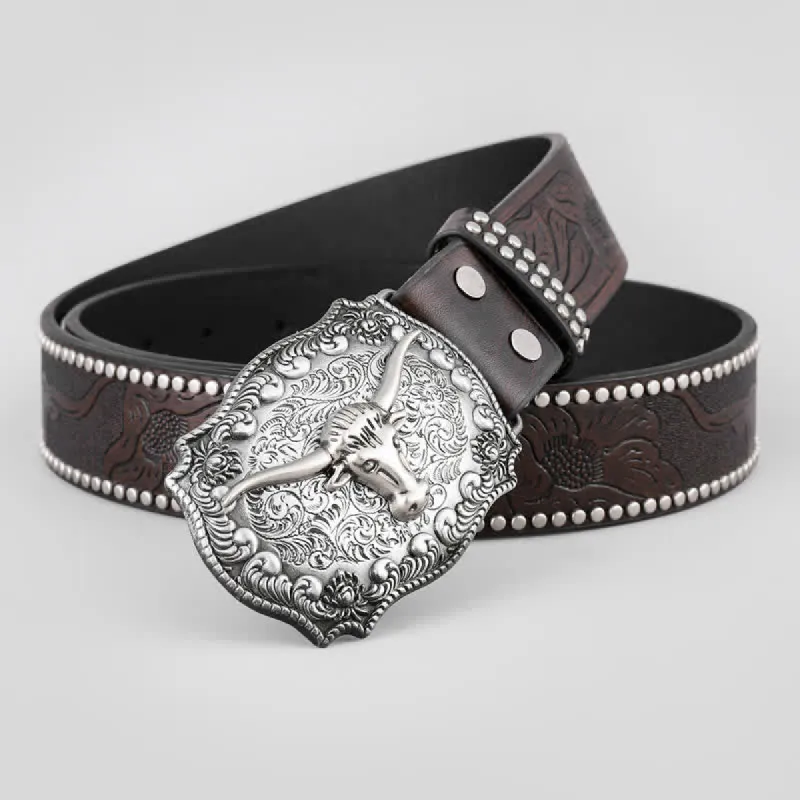 Men's Silver Engraved Bull Square Buckle Leather Belt sold by FloralTrip