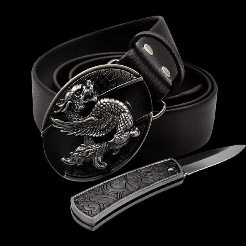 Men's Flying Dragon Leather Belt With Folding Knife sold by FloralTrip