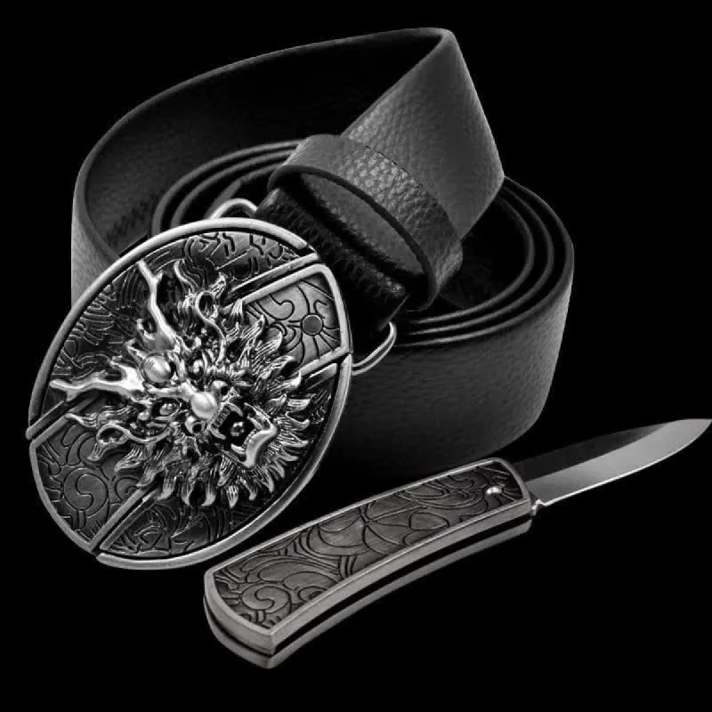 Men's Dragon Head Leather Belt With Folding Knife sold by FloralTrip