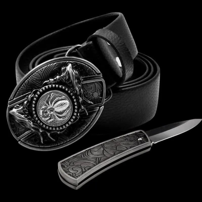 Men's Rotating Spider Leather Belt With Folding Knife sold by FloralTrip