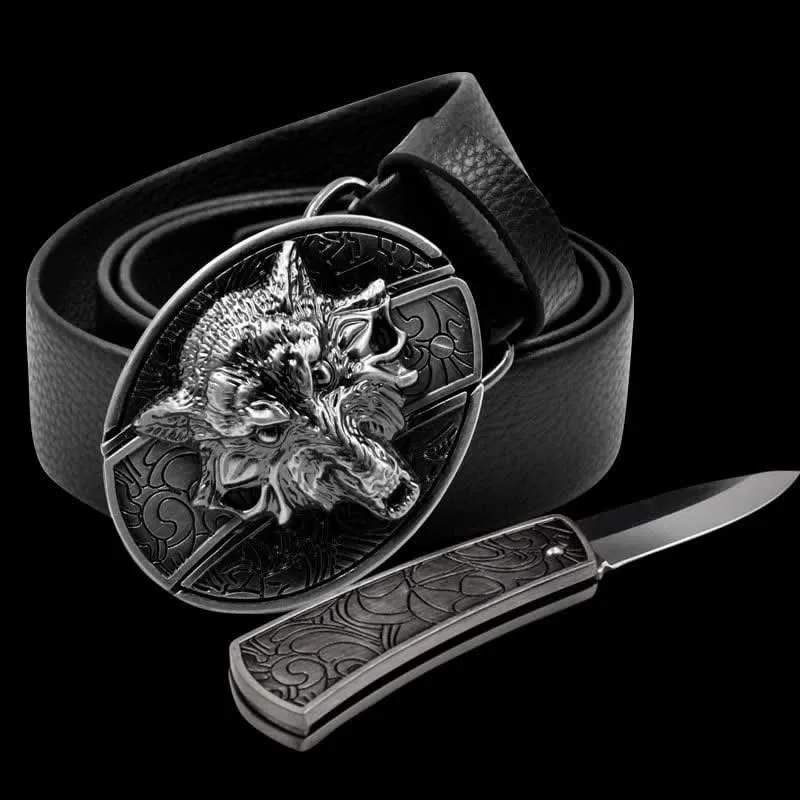 Men's Fierce Wolf Leather Belt With Folding Knife sold by FloralTrip