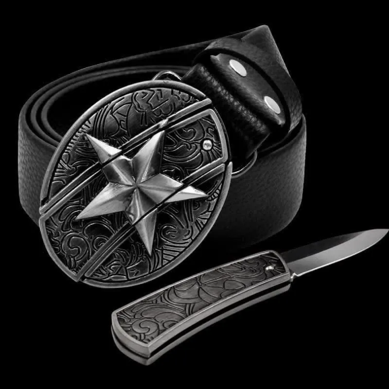 Men's Alone Pentagram Leather Belt With Folding Knife sold by FloralTrip