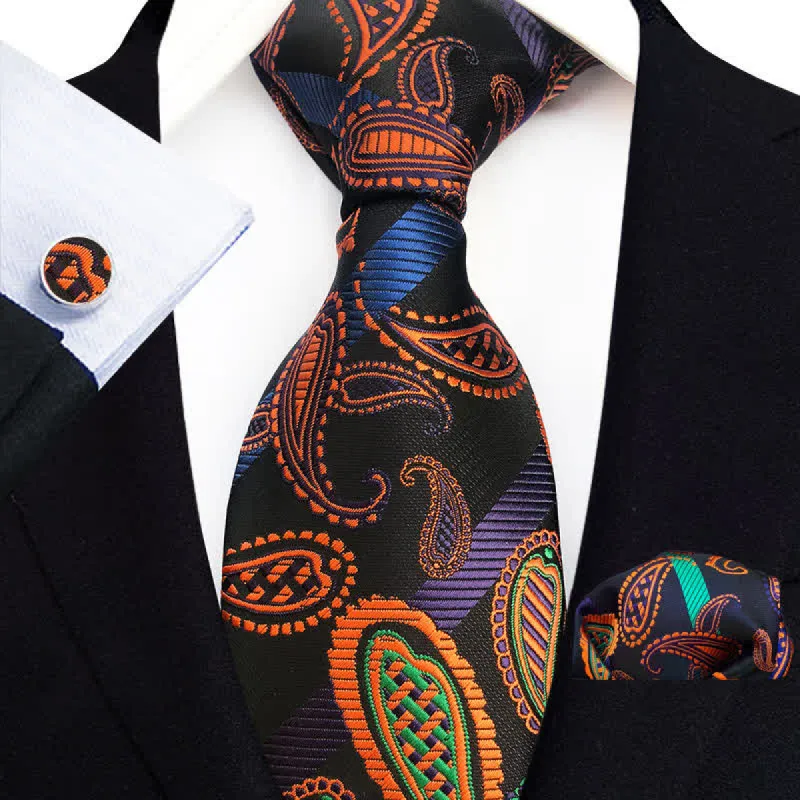 3Pcs Orange & Black Men's Paisley Hanky Necktie Set sold by FloralTrip