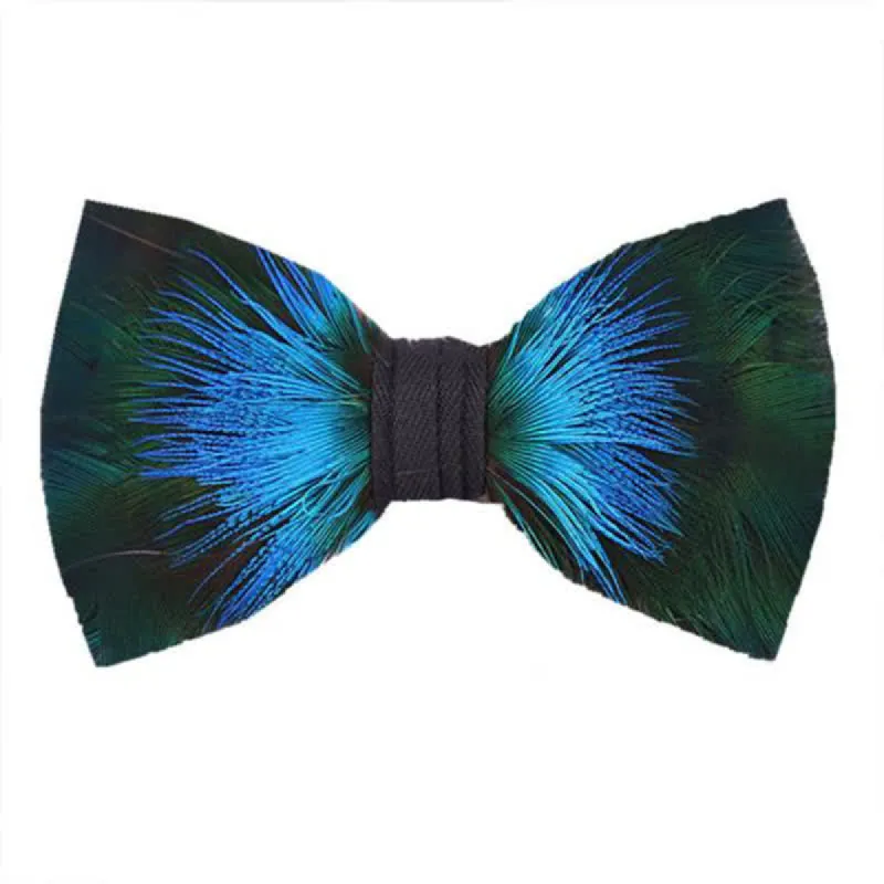 Aurora Blue & Green Feather Bow Tie with Lapel Pin sold by FloralTrip