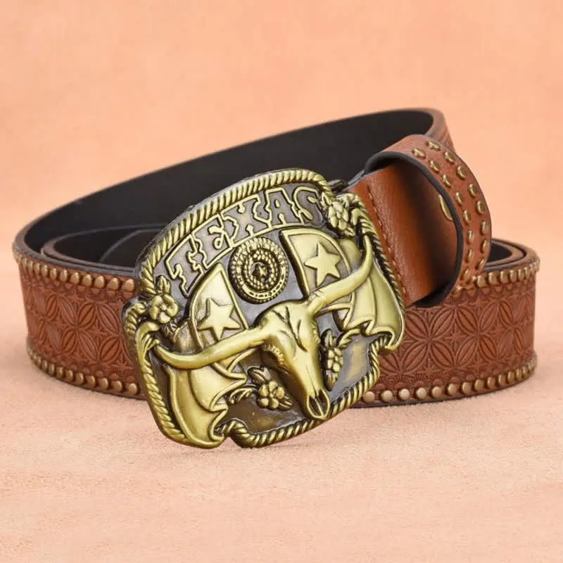 Men's Antique Longhorn Steer Rivet Leather Belt sold by FloralTrip product image thumbnail 3