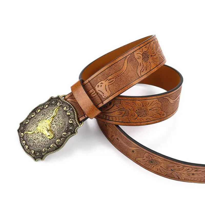Men's Square Engraved Bull Flower Leather Belt sold by FloralTrip product image thumbnail 5
