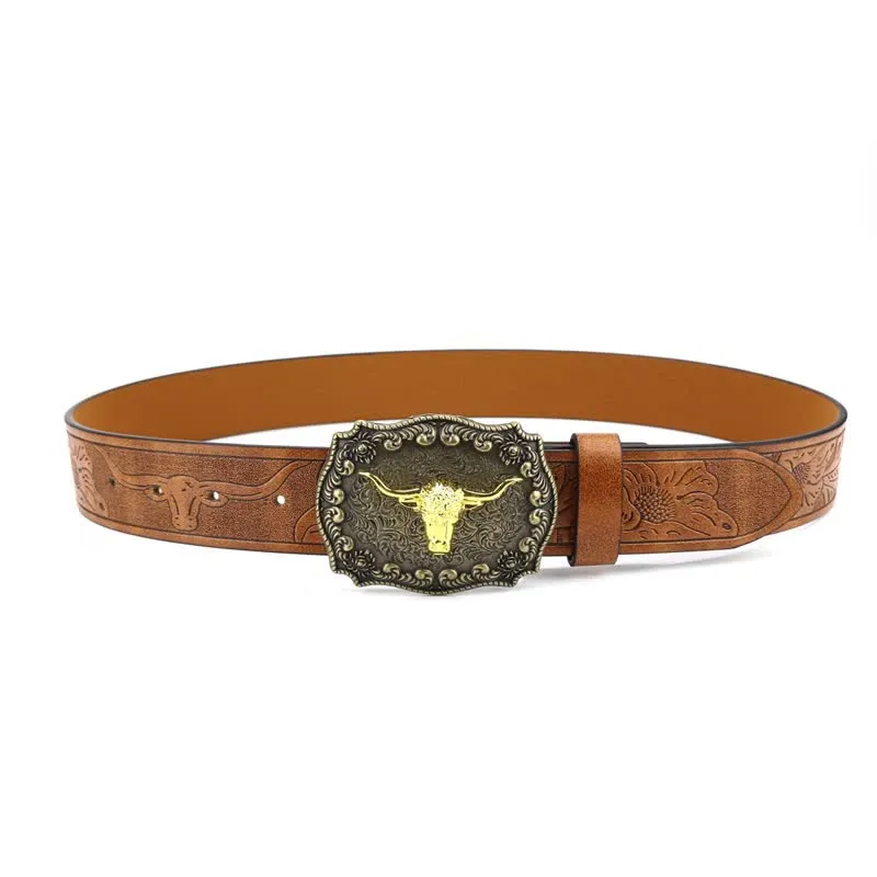 Men's Square Engraved Bull Flower Leather Belt sold by FloralTrip product image thumbnail 2