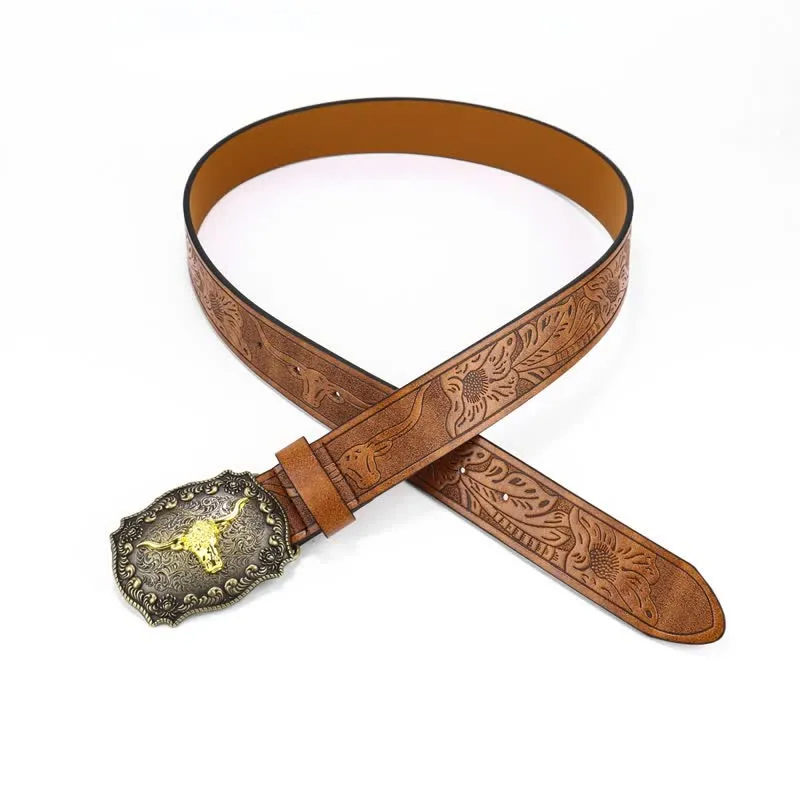 Men's Square Engraved Bull Flower Leather Belt sold by FloralTrip product image thumbnail 3