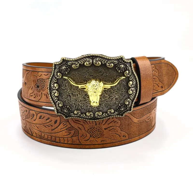 Men's Square Engraved Bull Flower Leather Belt sold by FloralTrip