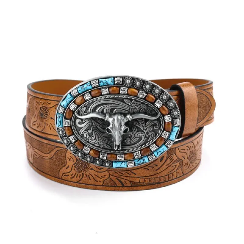 Men's Western Cowboy Turquoise Bull Leather Belt sold by FloralTrip