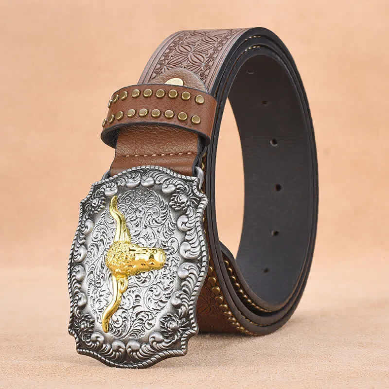 Men's Punk Rivet Gold Longhorn Bull Leather Belt sold by FloralTrip