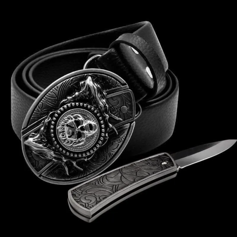 Men's Rotating Skull Leather Belt With Folding Knife sold by FloralTrip