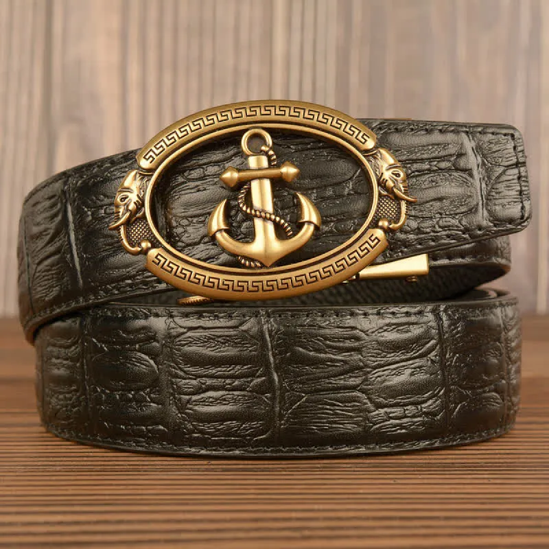 Men's Nautical Anchor Crocodile Embossed Leather Belt sold by FloralTrip