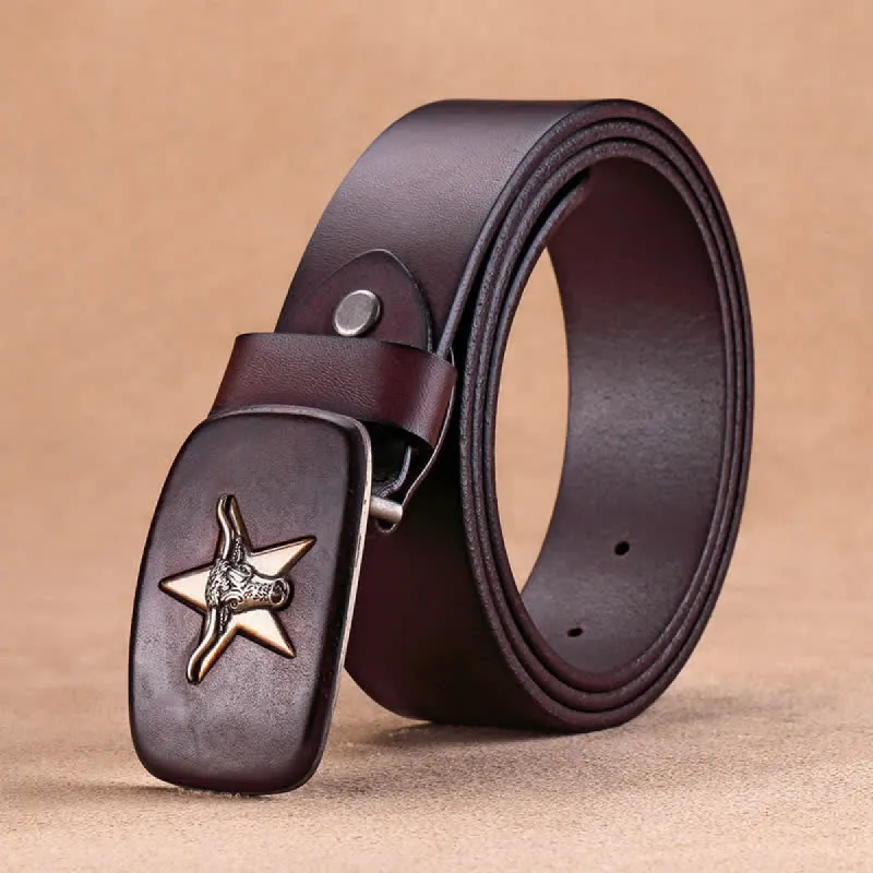 Men's Ox Head Star Plate Buckle Leather Belt sold by FloralTrip