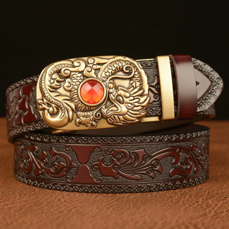 Men's Engraved Dragon Gemstone Leather Belt sold by FloralTrip