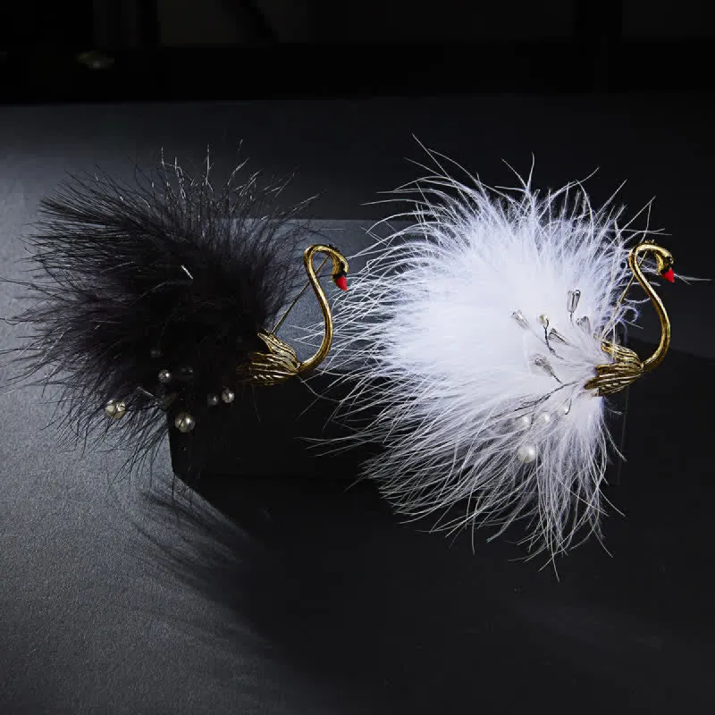 Women's Black / White Swan Plush Feather Brooch made by FloralTrip