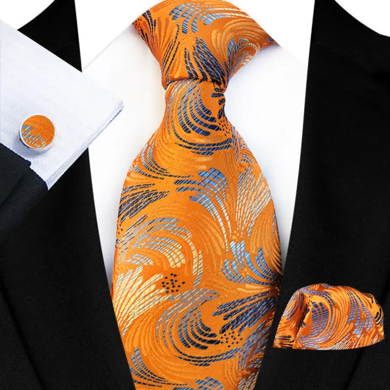 3Pcs Men's Orange & Blue Floral Necktie Set sold by FloralTrip