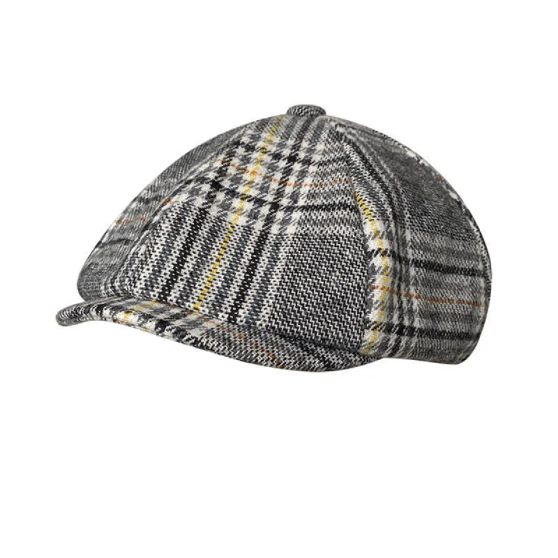 Gray Plaid Yellow Stripes Newsboy Beret Cap sold by FloralTrip