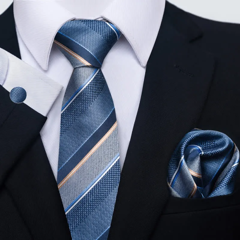 3Pcs Men's Shade of Blue Striped Necktie Set sold by FloralTrip