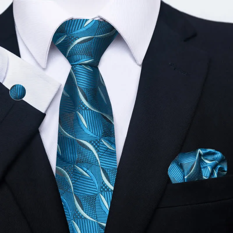 3Pcs Men's Teal & Azure Waves Necktie Set sold by FloralTrip