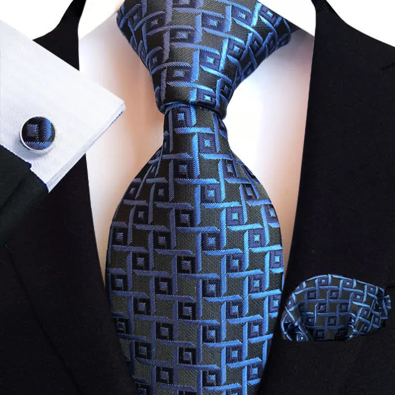 3Pcs Men's Blue & Black Modern Plaid Necktie Set sold by FloralTrip