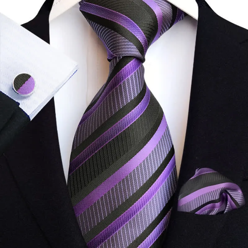 3Pcs Men's Purple & Black Striped Necktie Set sold by FloralTrip