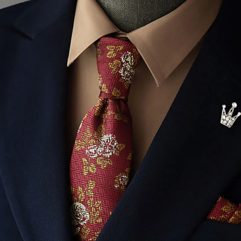 Men's White & Gold Floral Burgundy Checker Necktie sold by FloralTrip