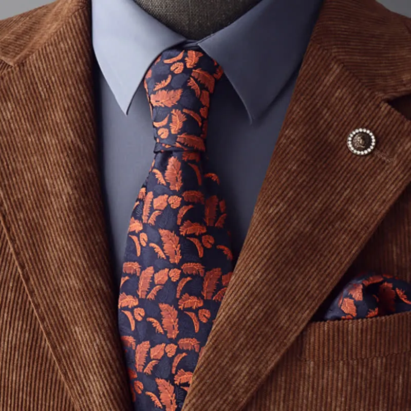 Men's Orange & Navy Feather Prints Necktie sold by FloralTrip